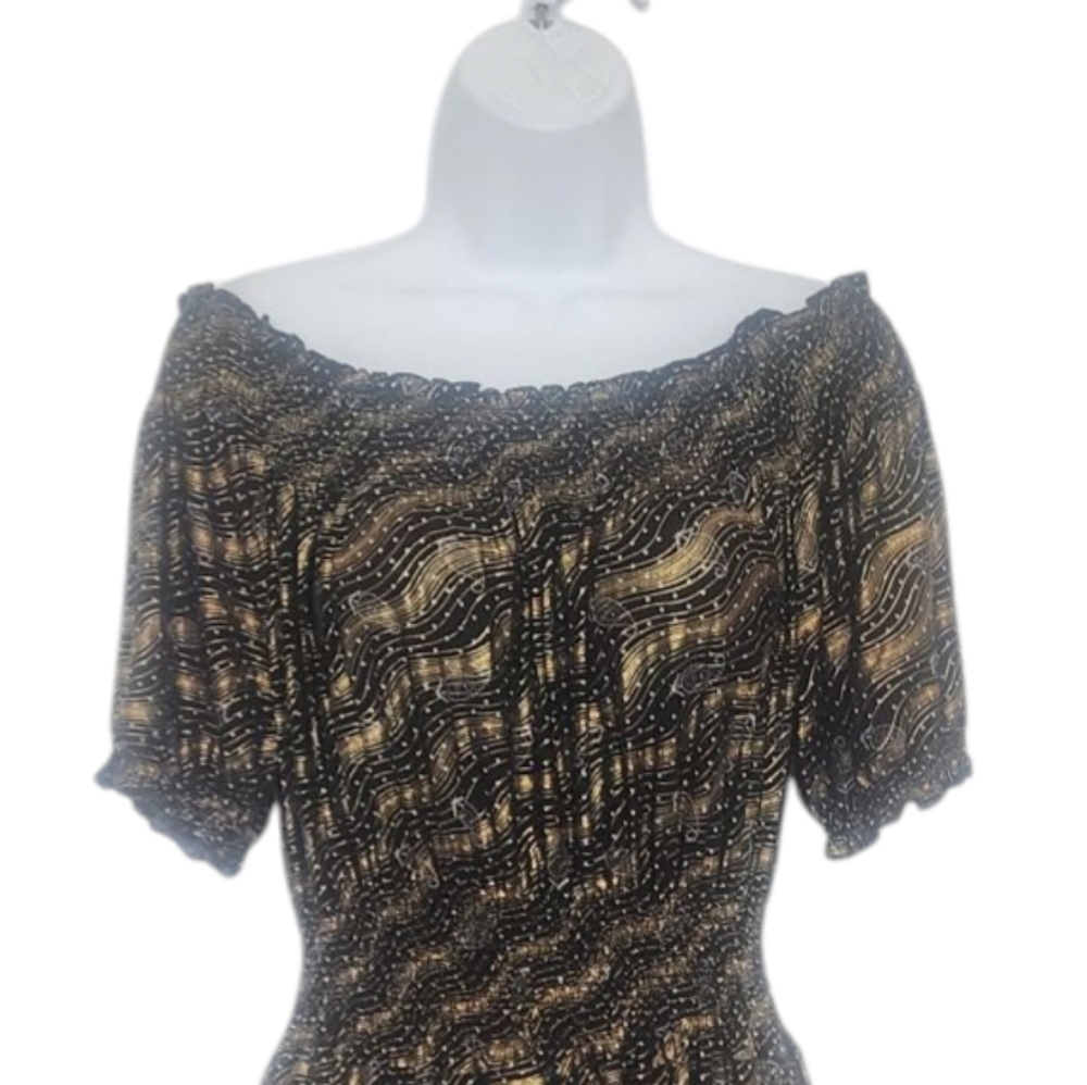 NWOT ACE Fashion Maxi Dress Boho Psychedelic Gold Paisley Ruched Waist Stretch. - Picture 3 of 8